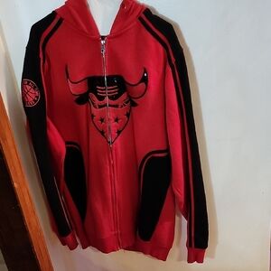 Red and Black Zip-Up Hoodie with Chicago Bulls Logo
